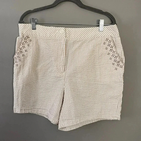 Susan Graver Seersucker Jacket & Shorts Set Womens L Tan Striped Eyelet Retro - Picture 5 of 16